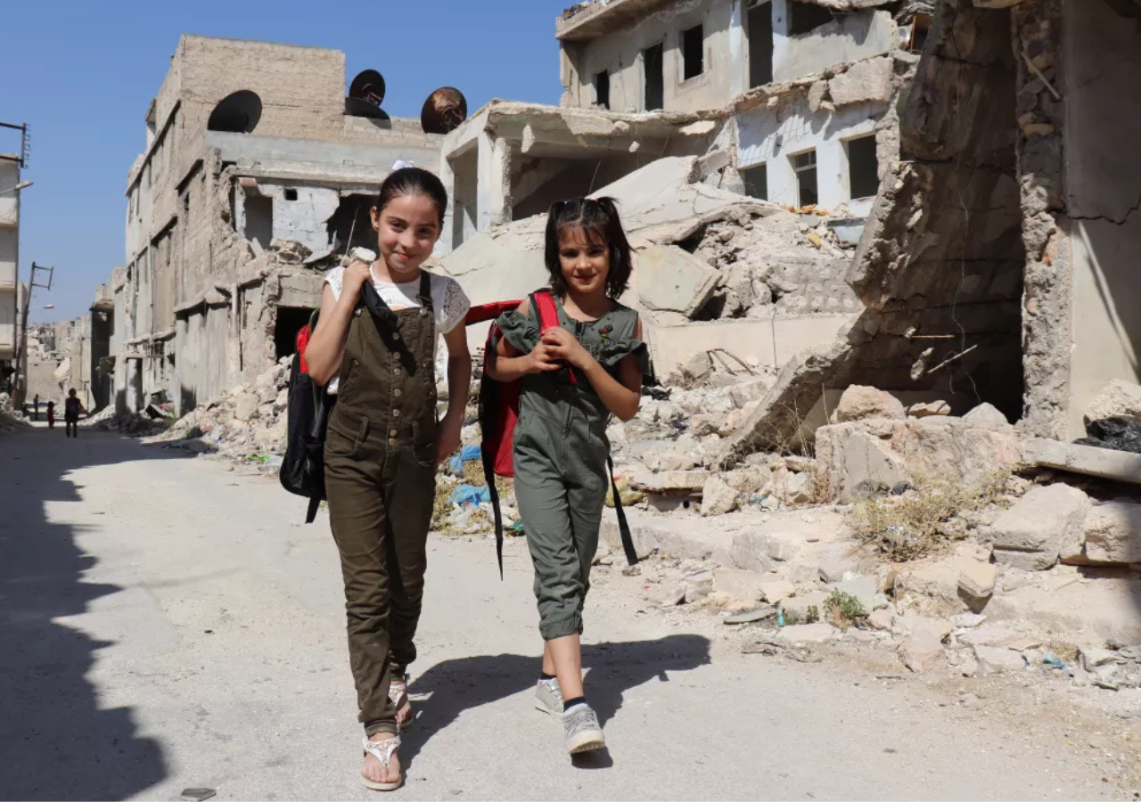 Girls going to school in Aleppo, Syria